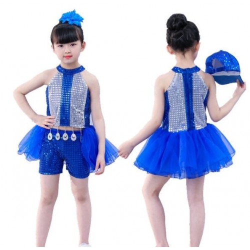 Kids jazz dance outfits royal blue modern dance stage performance hiphop singers dancers dancing top and shorts
